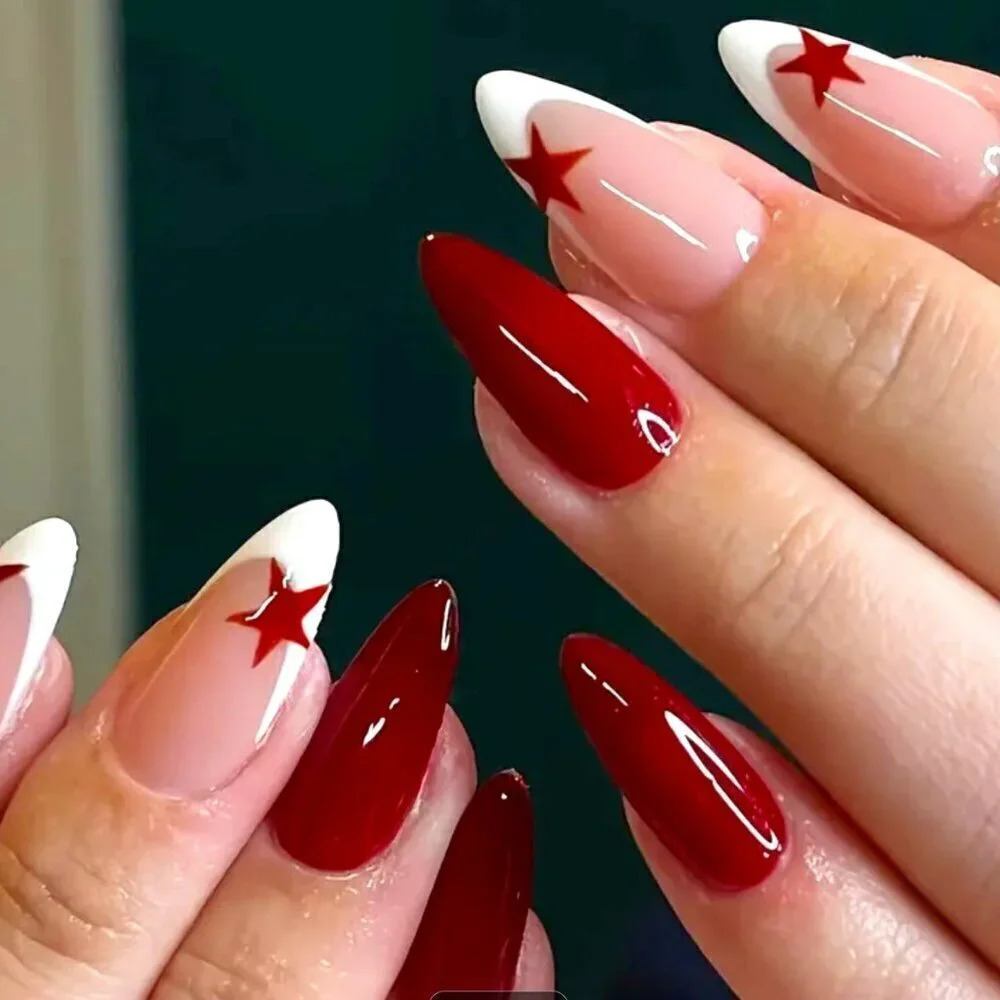 Women'sMinimalist Red Star White French Fake Nails, Waterproof